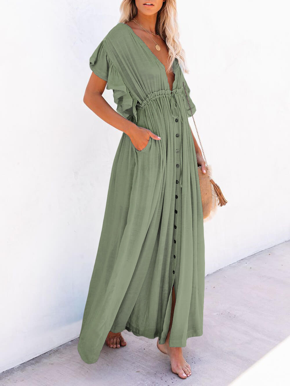 Button Cotton Linen Perfect Beach Boho Maxi Dress-Massicos