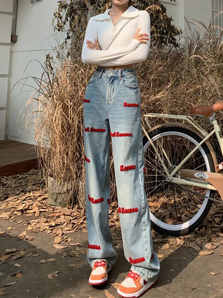 Embroidered High-Waist Jeans-Massicos