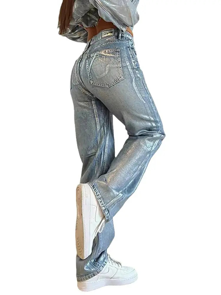 Metallic Accent High-Waist Jeans-Massicos