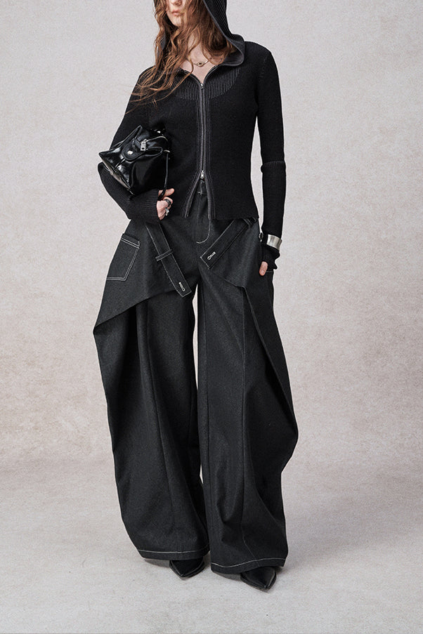 Swinging Symphony Fake Two-Piece Wide-Leg Jeans-Massicos
