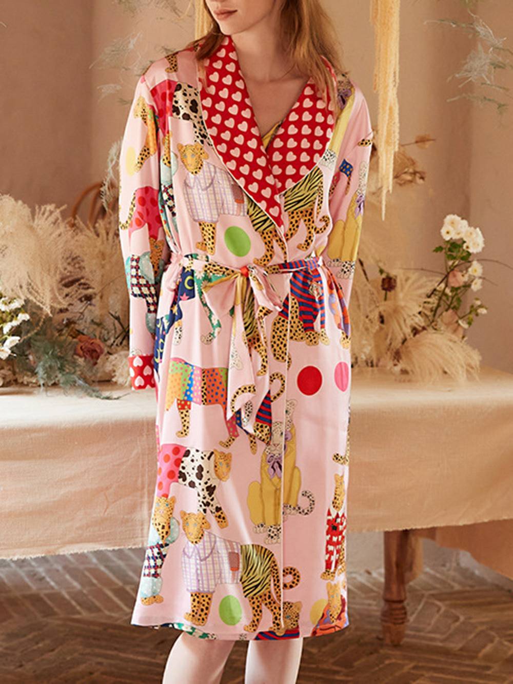 Dressing Leopard Print Silk Robe Set-Massicos