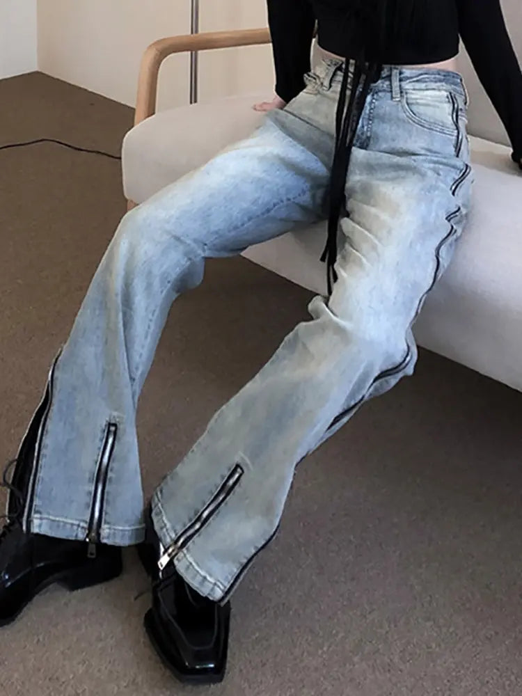 Streetwear Flare Zipper Jeans-Massicos
