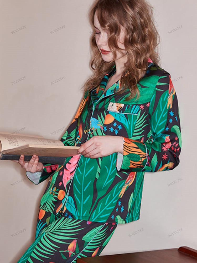 Tiger and Monkey Print Ice Silk Long-Sleeve Loungewear Set-Massicos