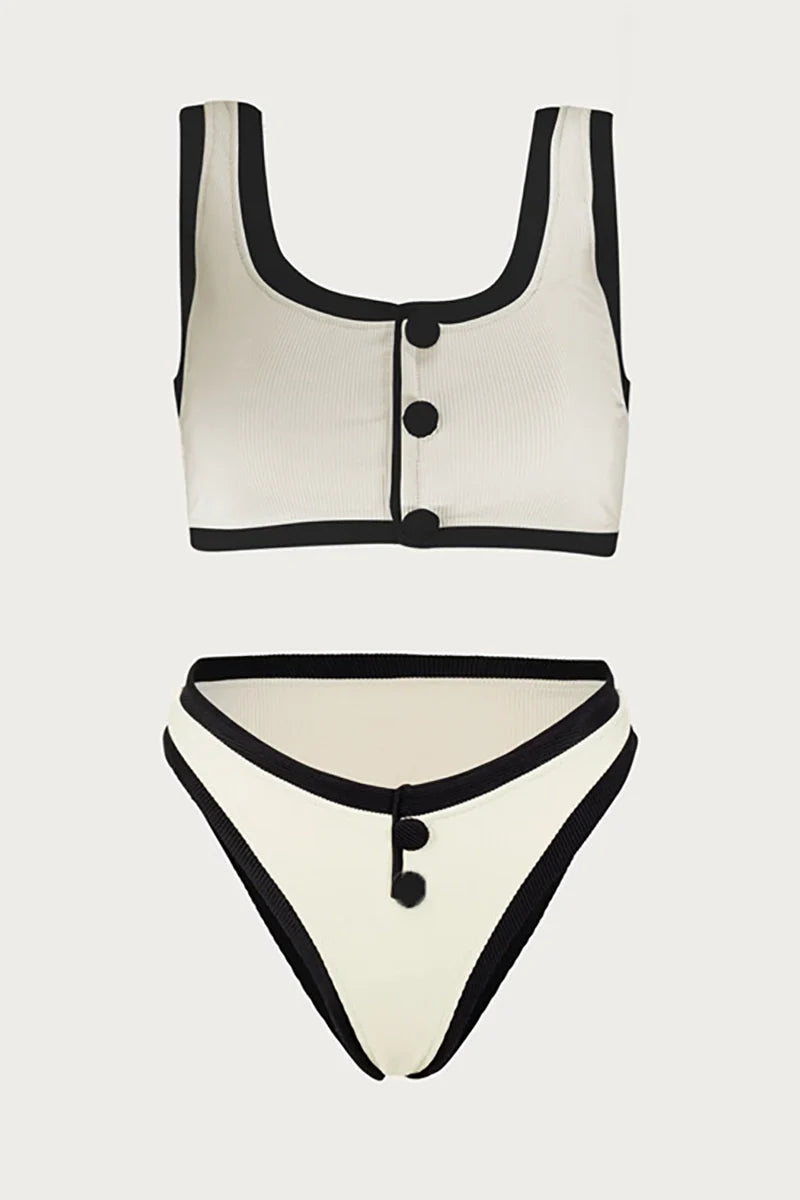 Elegant Contrast Button Detail Two-Piece Swimsuit-ROVOLE