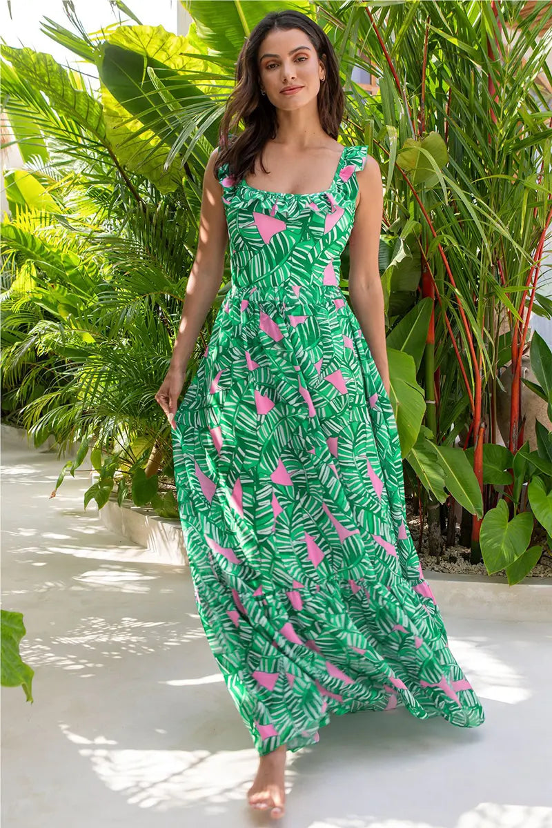 Green Ruffle Print One Piece Swimsuit-ROVOLE