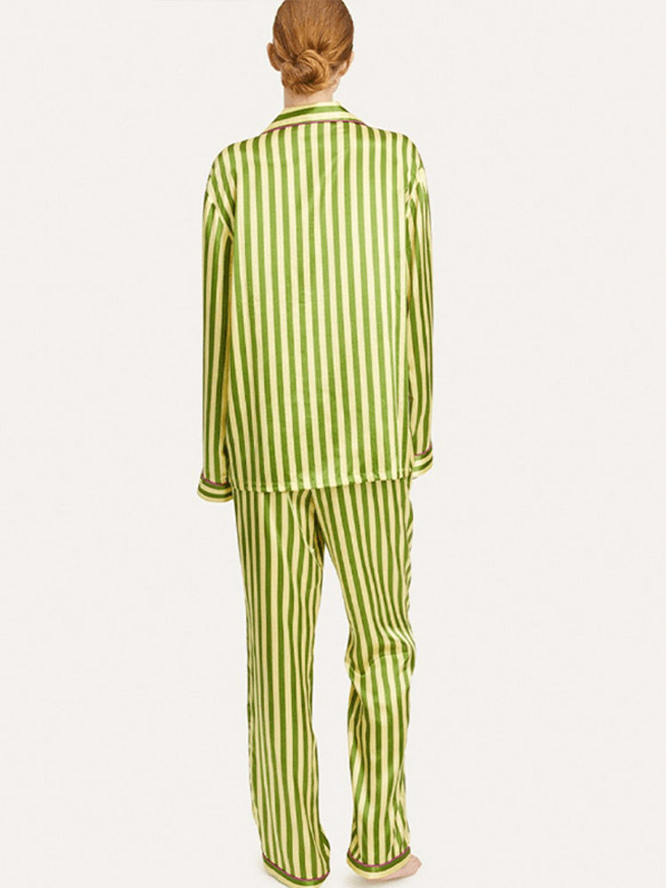 Vintage Green Striped Long Sleeve Pajama Set-Massicos
