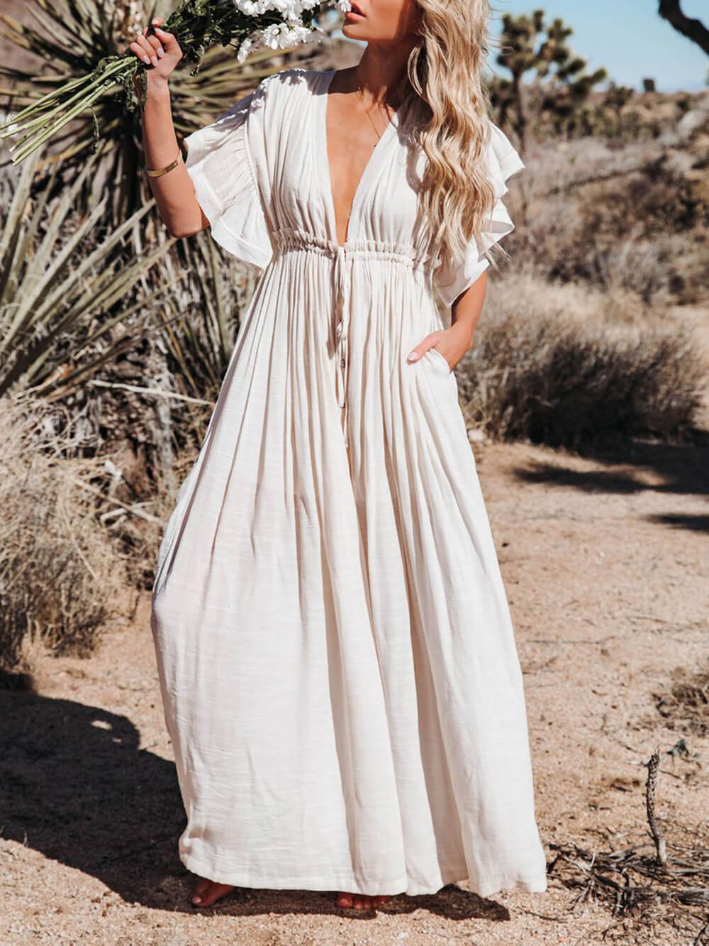 Button Cotton Linen Perfect Beach Boho Maxi Dress-Massicos