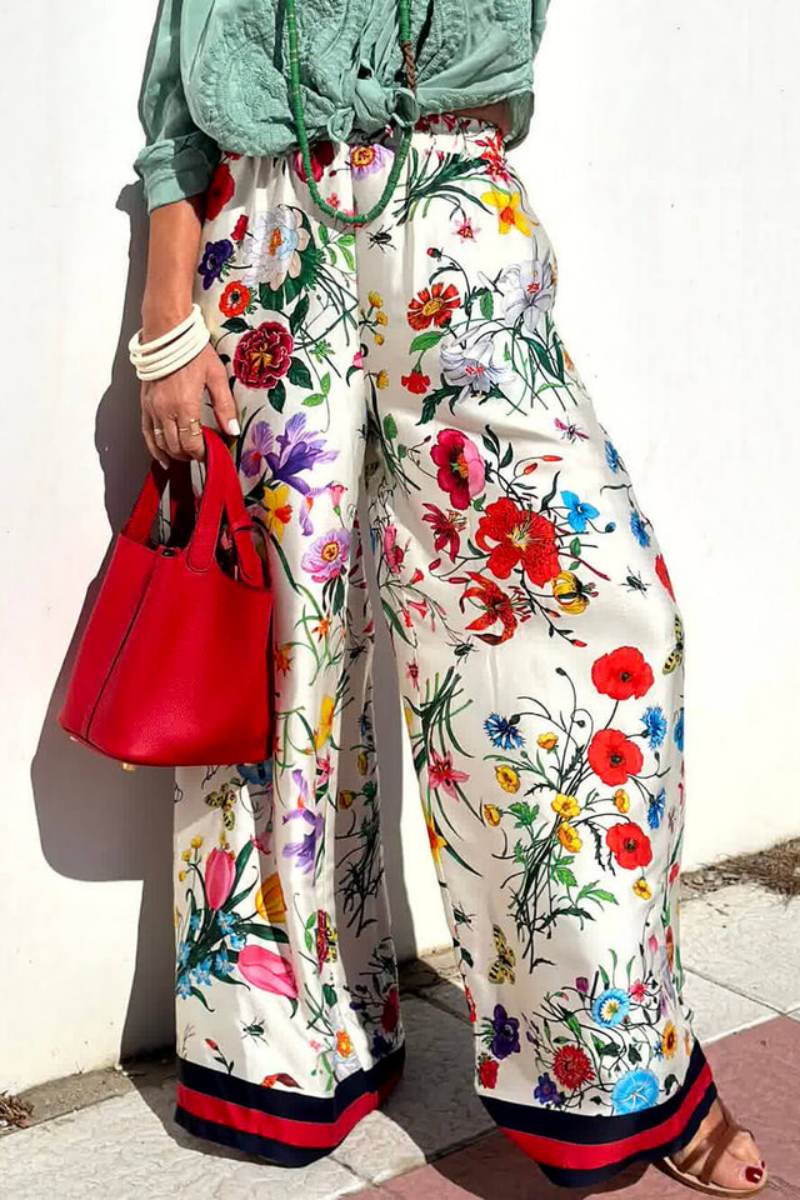 Floral Unique Print Elastic Waist Pocketed Wide Leg Pants-Set-ROVOLE