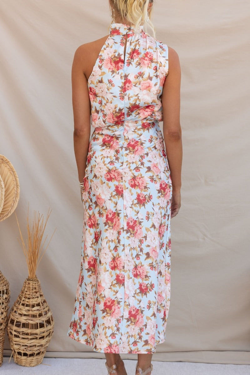 Wine Country Dates Floral Halter Neck Elastic Waist Maxi Dress-Massicos