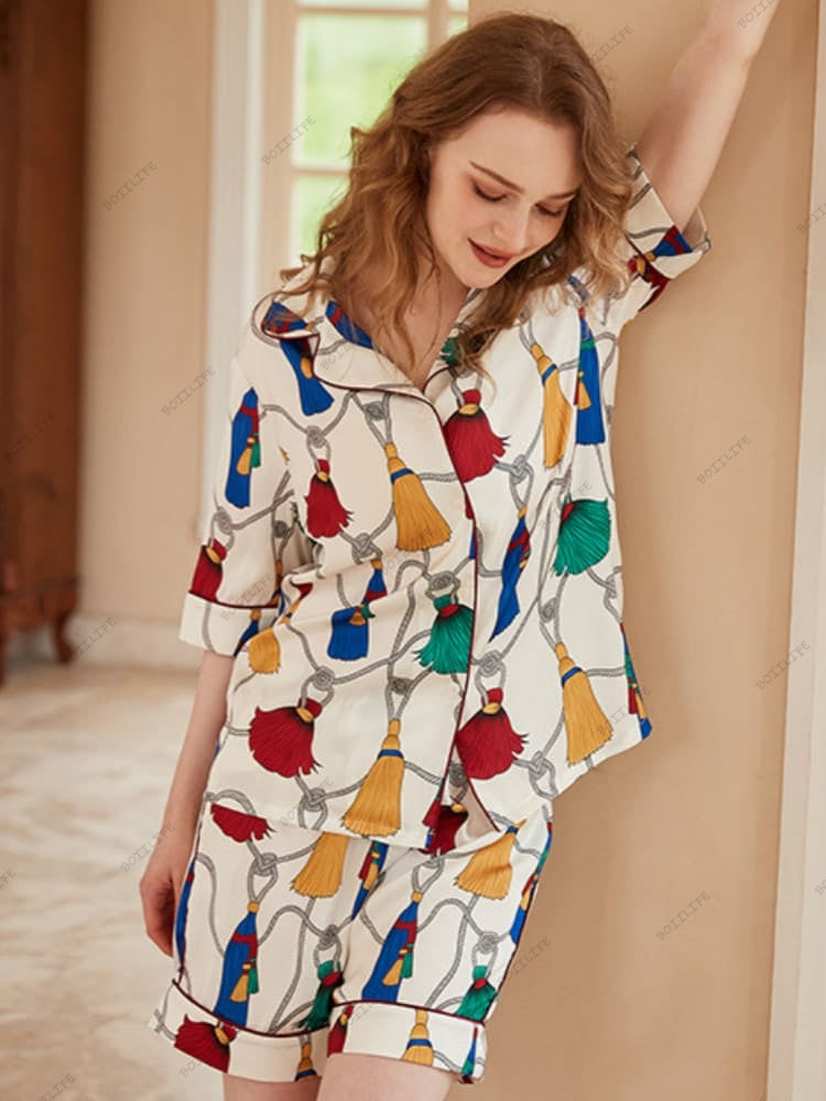 Fringe Pattern Ice Silk Short-Sleeve Loungewear Set-Massicos