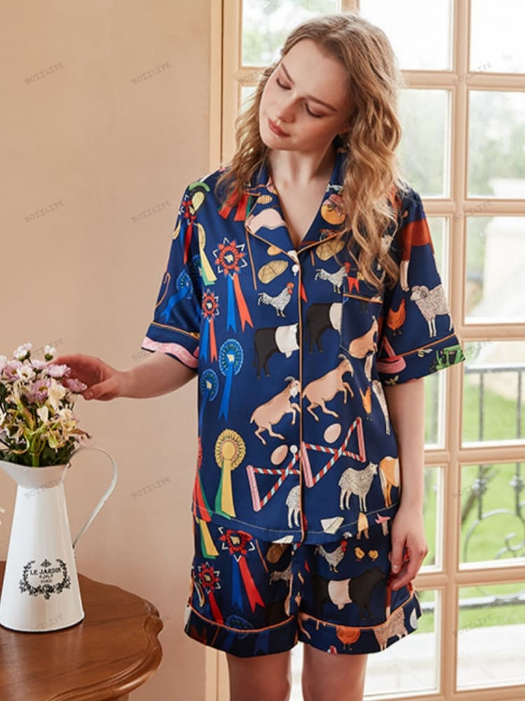 Cute Cartoon Animal Print Short Loungewear Set-Massicos