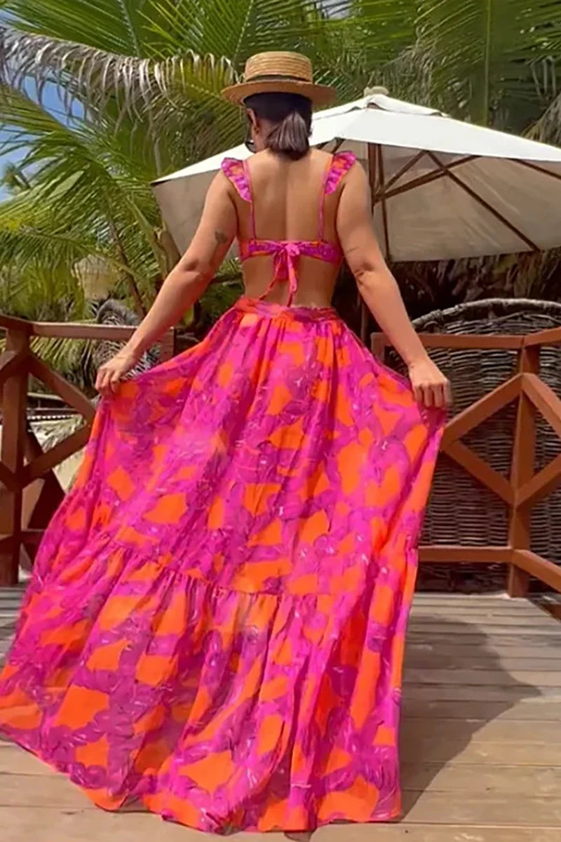 Floral Ruffled High-Waist Bikini Skirt Set-ROVOLE