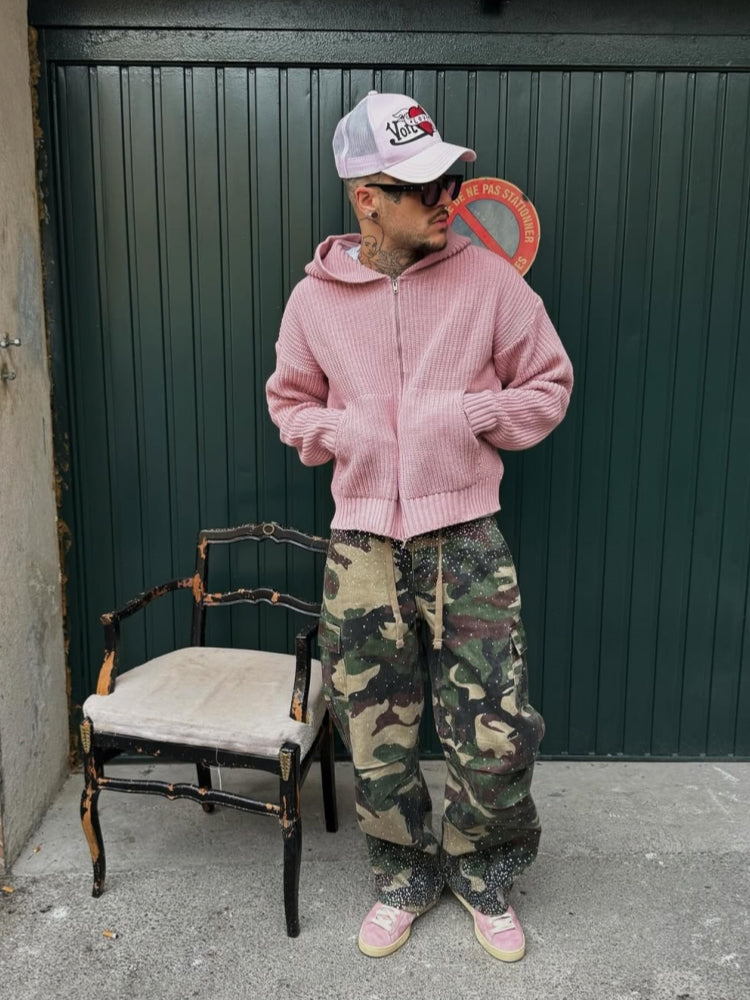 Camo Rhinestone Drawstring Cargo Pants-Massicos
