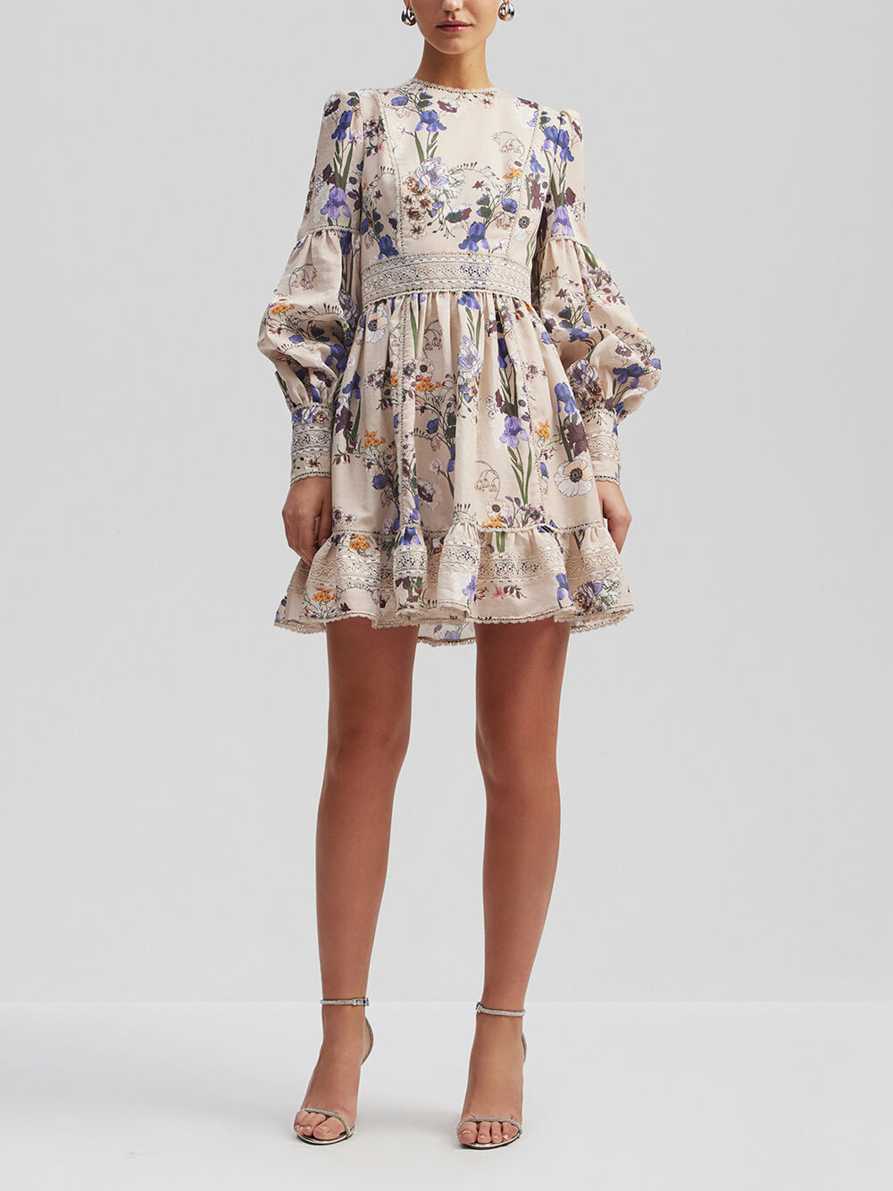 Flowers Plants Balloon Sleeves Mini Dress-Massicos