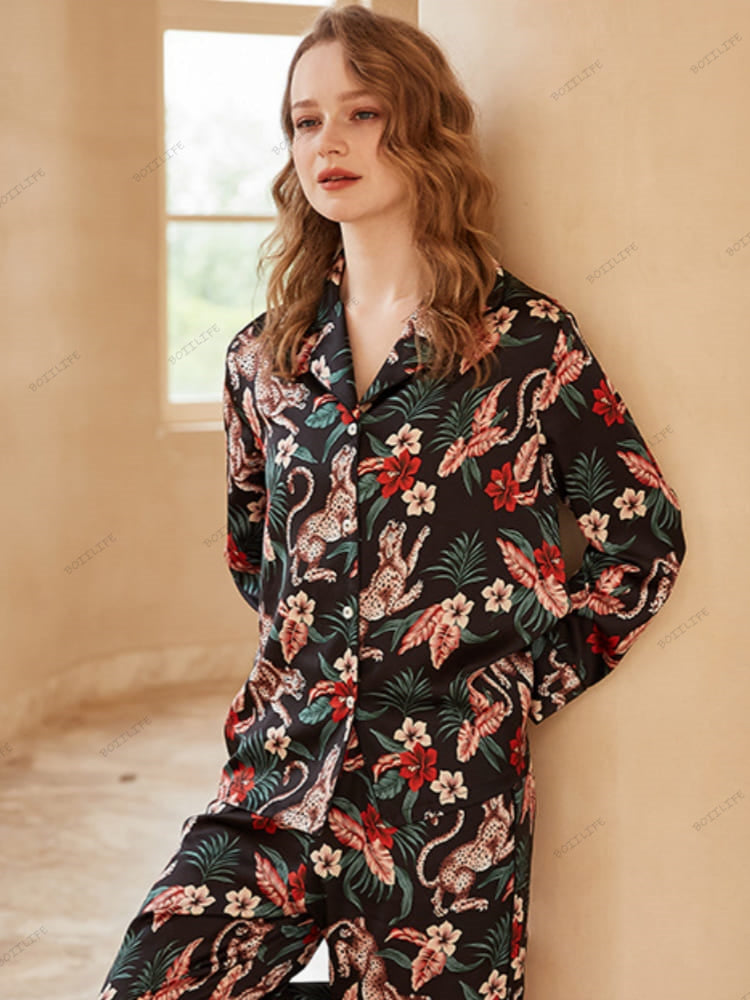 Jaguar and Floral Print Ice Silk Long-Sleeve Loungewear Set-Massicos