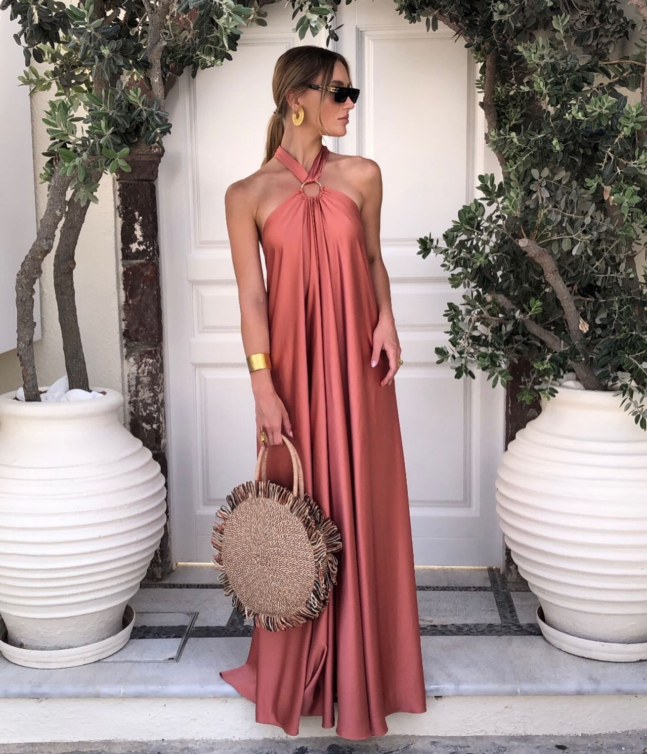 Satin  Elegant Maxi long Dress: Backless Halter Neck-Massicos