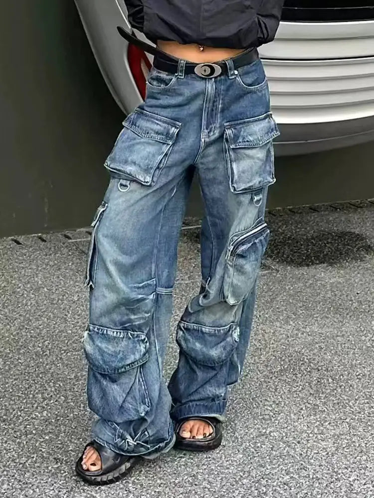 Vintage Multi-Pocket Denim Work Pants-Massicos
