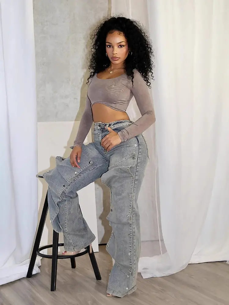 Detachable High-Waist Denim Pants-Massicos