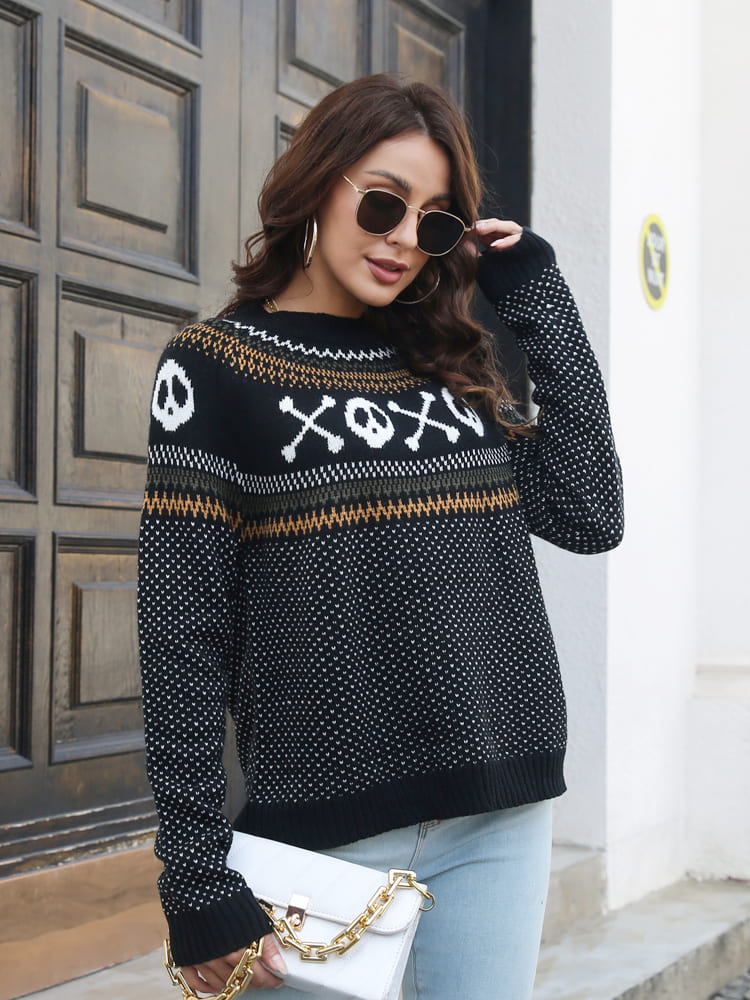 Retro Skull Pattern Round Neck Knitted Sweater-ROVOLE