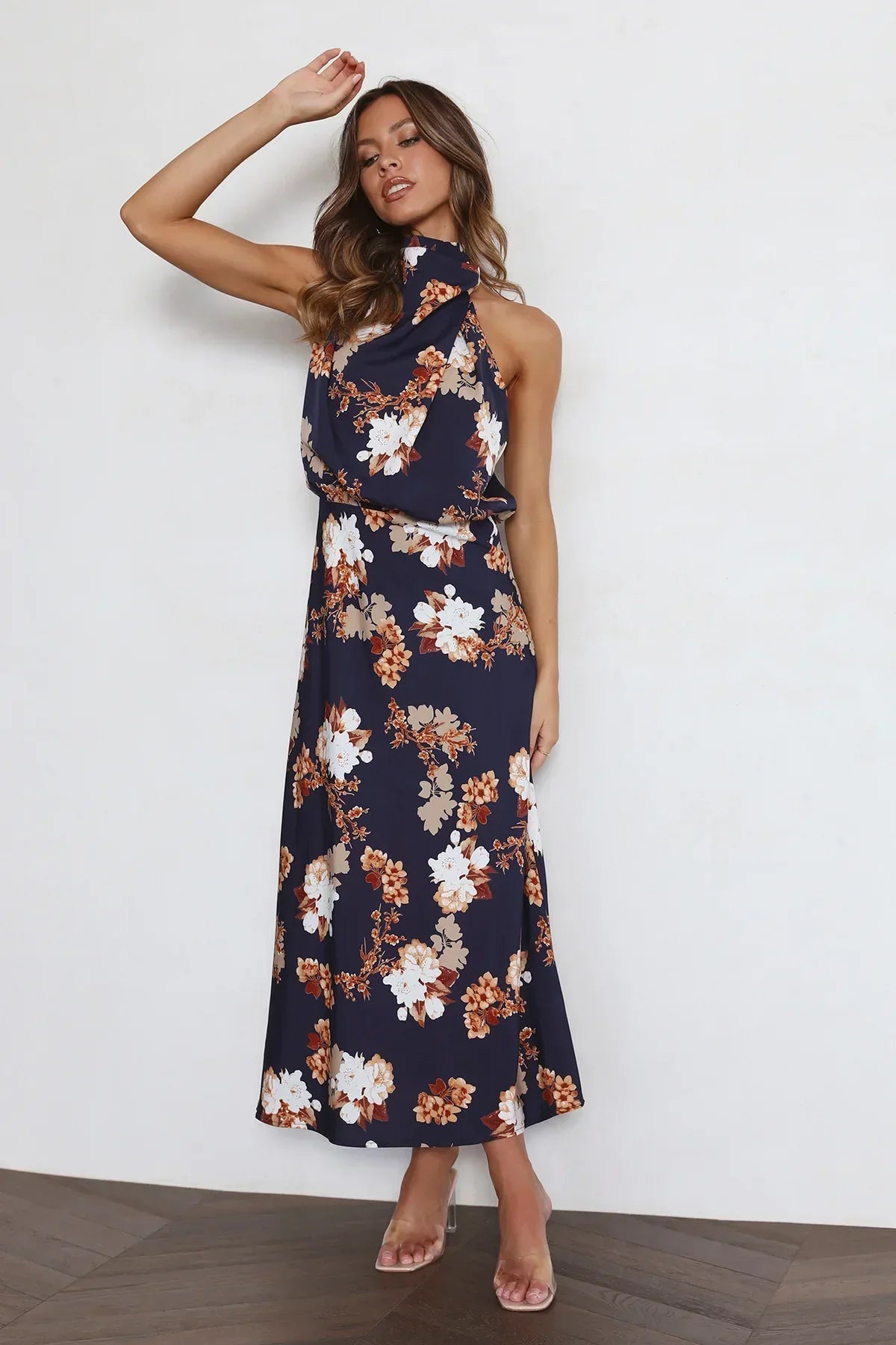 Wine Country Dates Floral Halter Neck Elastic Waist Maxi Dress-Massicos