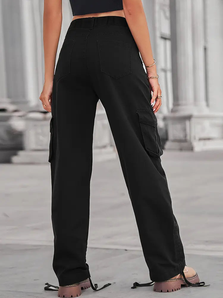 Casual Zipper Pocket Drawstring Denim Cargo Pants-Massicos