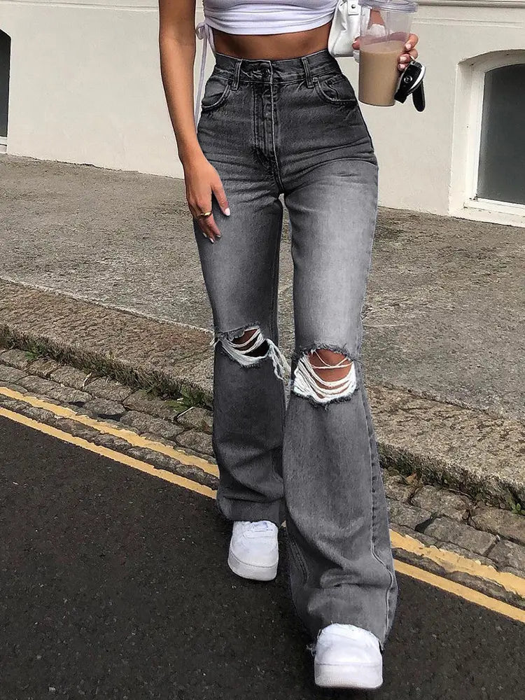 Flared Distressed Wide-Leg Jeans-Massicos