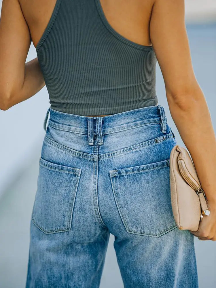 High-Waist Ripped Wide-Leg Denim Pants-Massicos