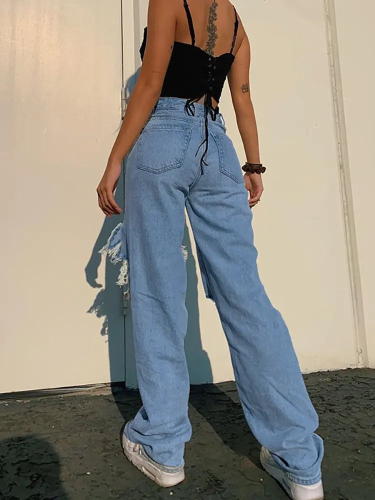 Summer Loose Straight-Leg Ripped Jeans-Massicos