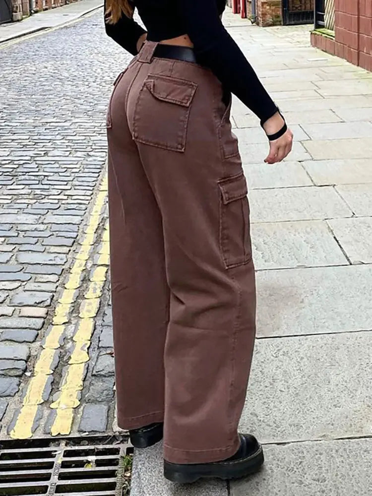Versatile Multi-Pocket Loose-Fit Denim Cargo Pants-Massicos