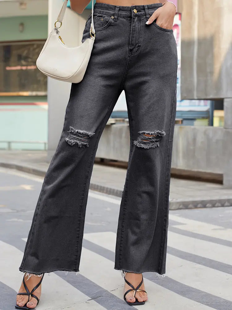 Vintage Wide-Leg Ripped Flare Jeans-Massicos