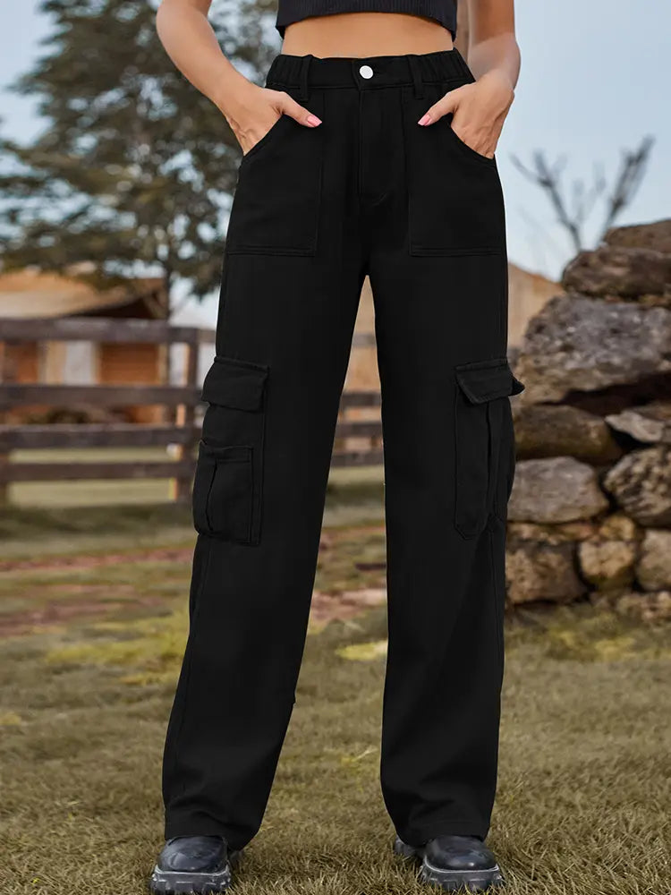American Style Elastic-Waist Denim Cargo Pants-Massicos