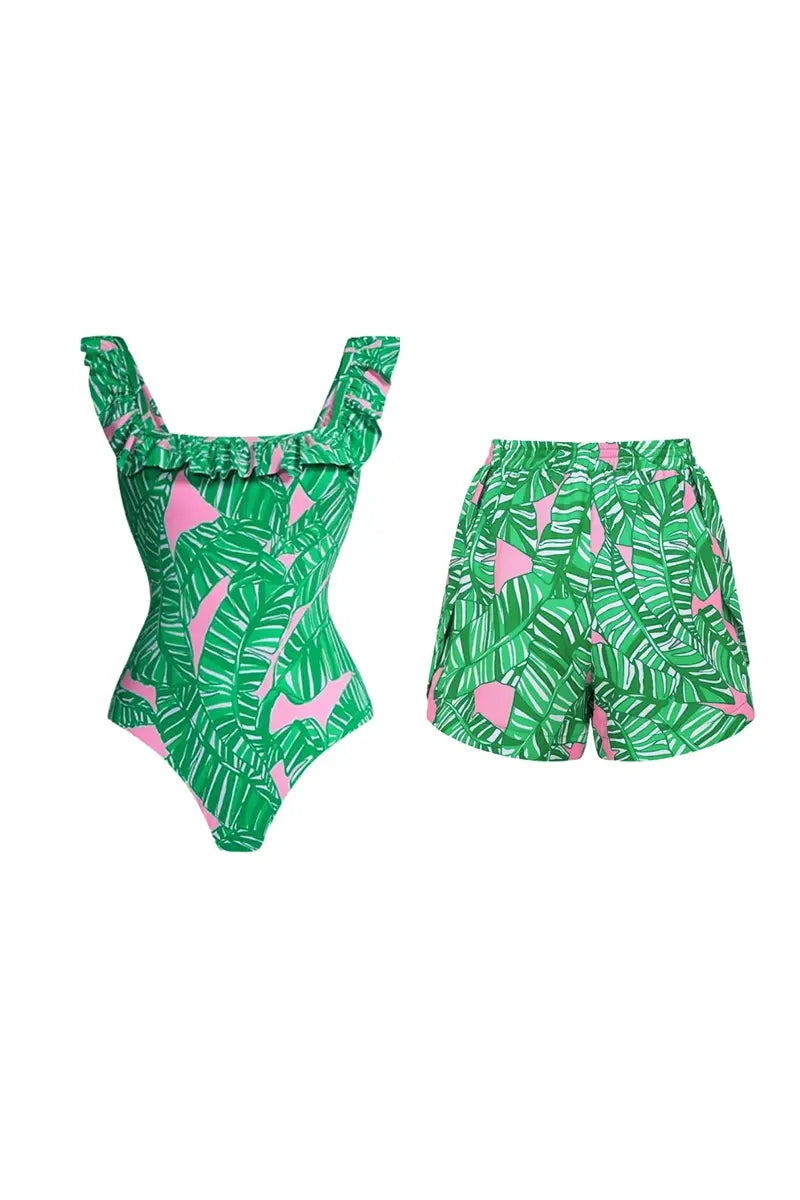 Green Ruffle Print One Piece Swimsuit-ROVOLE