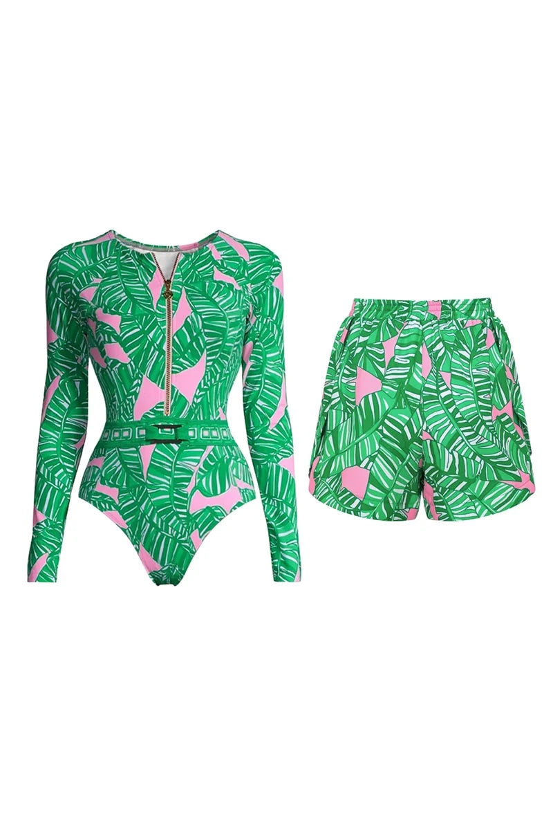 Green Printed Surf Shorts Set-ROVOLE