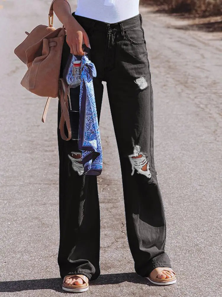 High-Waist Distressed Wide-Leg Jeans-Massicos
