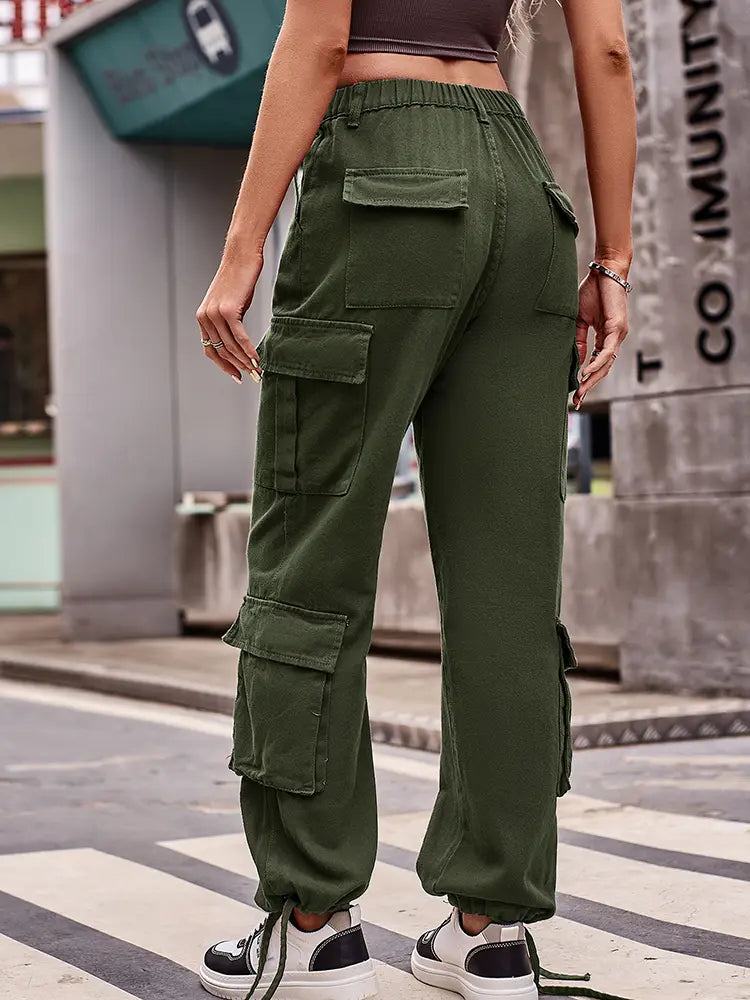 Loose-Fit Drawstring Denim Cargo Pants-Massicos