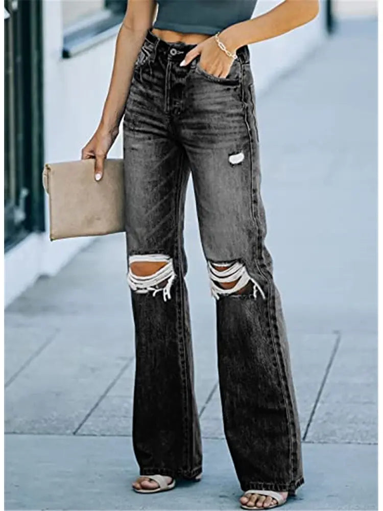 High-Waist Distressed Denim Pants-Massicos