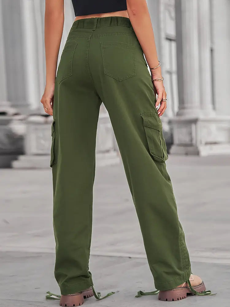 Casual Zipper Pocket Drawstring Denim Cargo Pants-Massicos