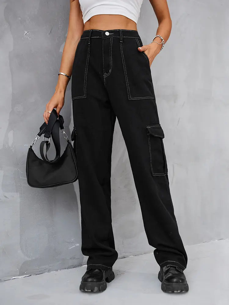 Vintage Elastic Waist Relaxed Fit Denim Cargo Pants-Massicos