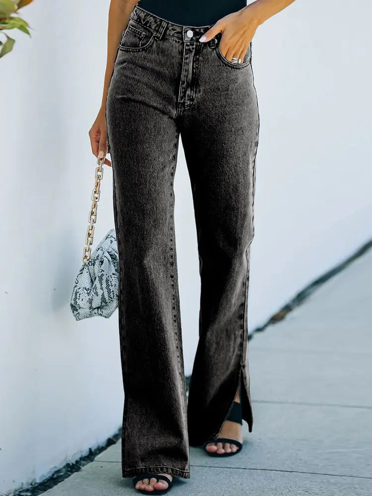 Washed Split-Hem Denim Pants-Massicos