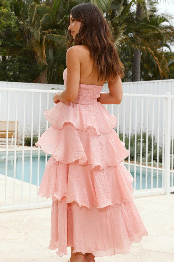 Sexy Chic Strapless Backless Tiered Midi Dress-ROVOLE
