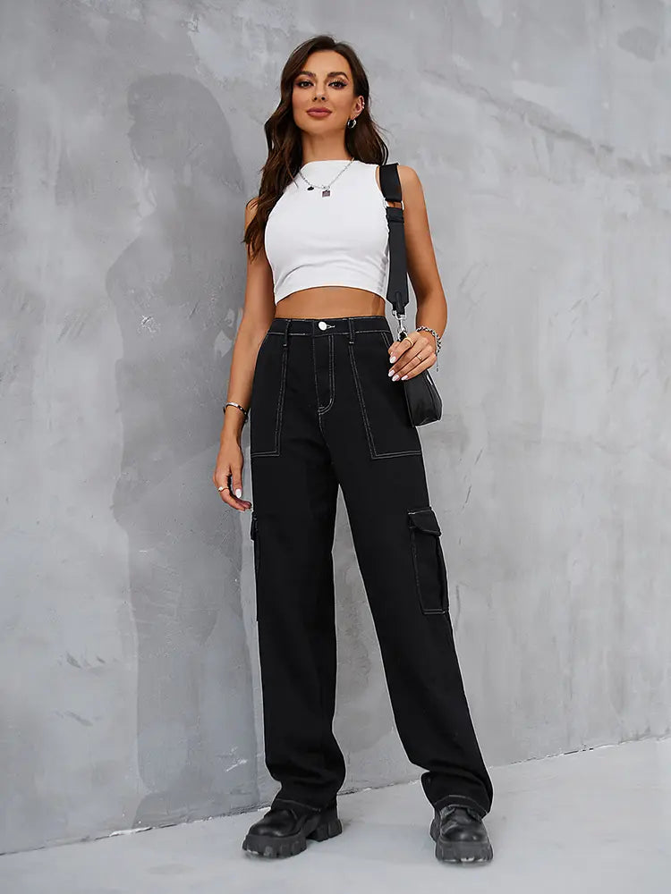 Vintage Elastic Waist Relaxed Fit Denim Cargo Pants-Massicos