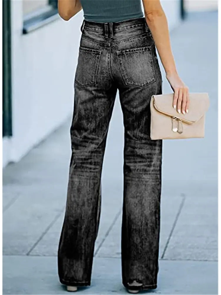 High-Waist Distressed Denim Pants-Massicos