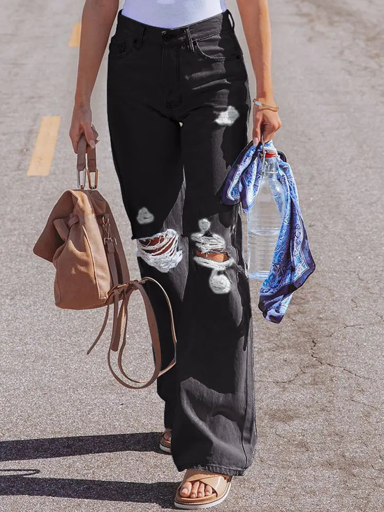High-Waist Distressed Wide-Leg Jeans-Massicos