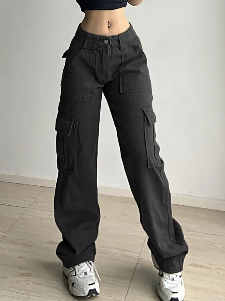Versatile Multi-Pocket Loose-Fit Denim Cargo Pants-Massicos