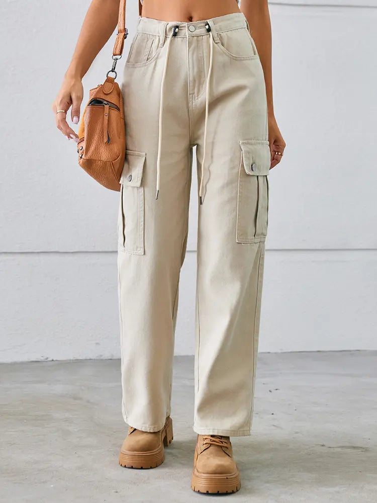 Adjustable Drawstring Washed Denim Cargo Pants-Massicos