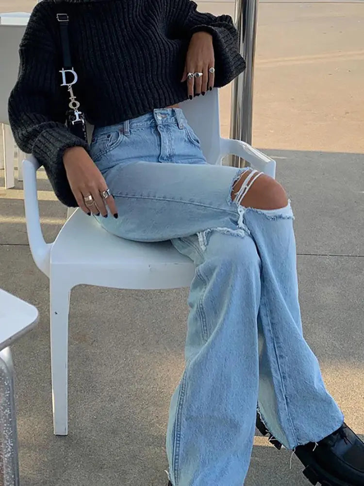 Trendy Flared Wide-Leg Ripped Denim Jeans-Massicos