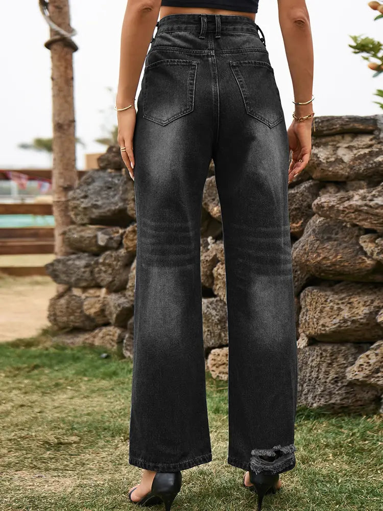 Trendy Ripped Wide-Leg High-Waist Denim Pants-Massicos