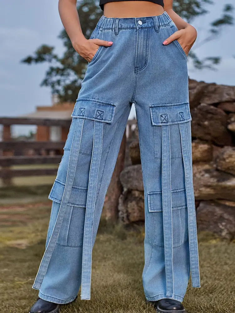 Vintage Heavy-Duty Tie-Design Denim Cargo Pants-Massicos