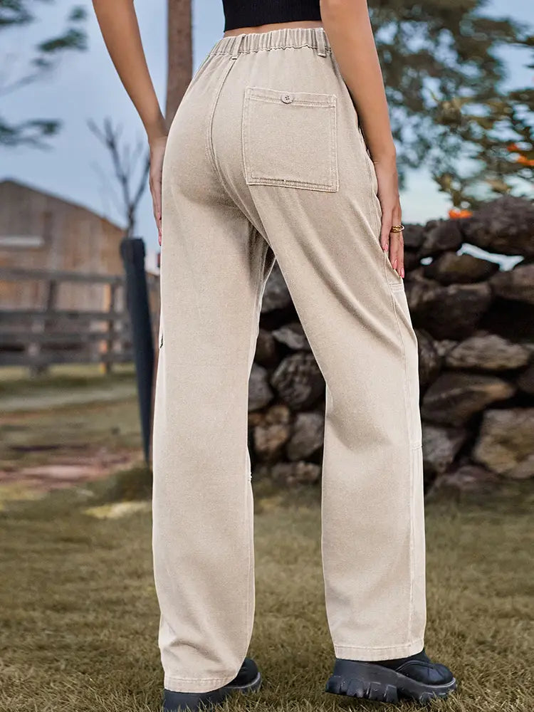 Elastic Waist Relaxed Fit Denim Cargo Pants-Massicos