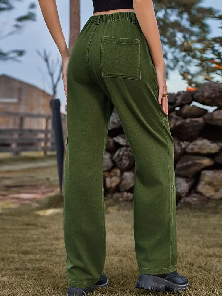 Elastic Waist Relaxed Fit Denim Cargo Pants-Massicos